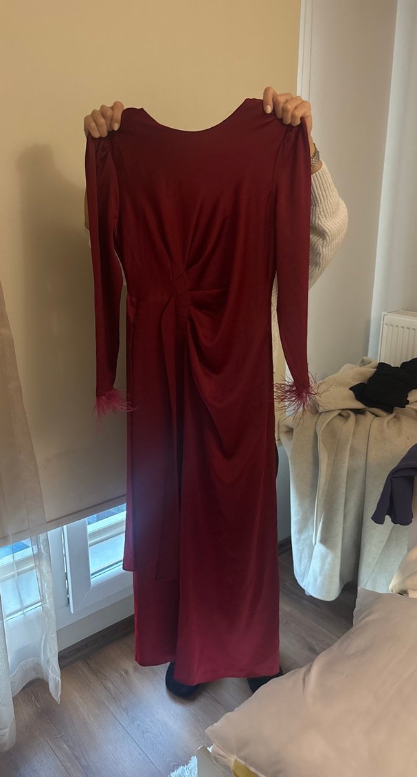 Bordo Uzun Kollu Drapeli Kadın Abiye Elbise - Görsel 3