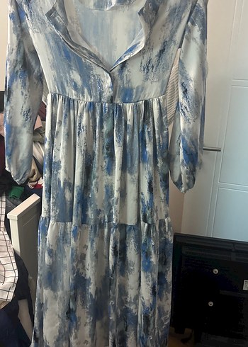 Mavi Gri Batik Desenli Uzun Bohem Elbise - Görsel 2