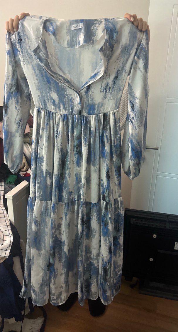 Mavi Gri Batik Desenli Uzun Bohem Elbise - Görsel 2