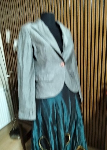 s Beden Gri Kadın Keten Blazer Ceket