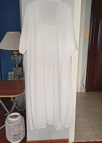Uzun Beyaz Nakışlı Bohem gecelik sabahlık takım - Görsel 5