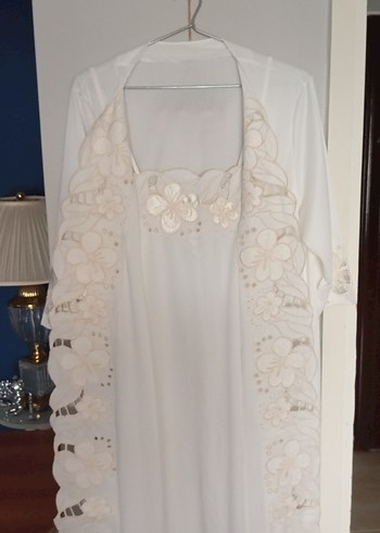 Uzun Beyaz Nakışlı Bohem gecelik sabahlık takım - Görsel 4