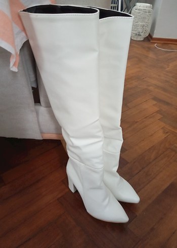 Beyaz Deri İnce Topuklu Dizüstü Kadın Çizme - Görsel 3