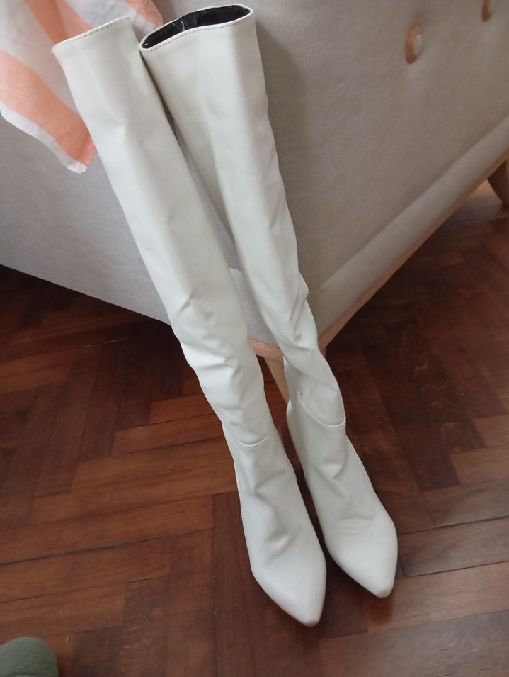 Beyaz Deri İnce Topuklu Dizüstü Kadın Çizme - Görsel 2
