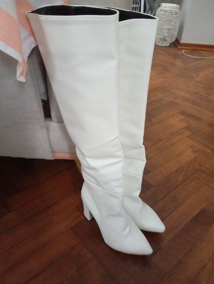 Beyaz Deri İnce Topuklu Dizüstü Kadın Çizme - Görsel 3