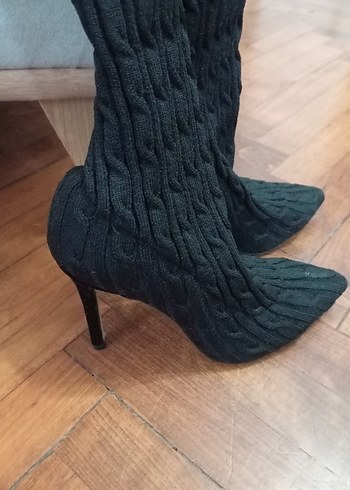 Gri Örgü Dizüstü Topuklu Kadın Çizme - Görsel 3