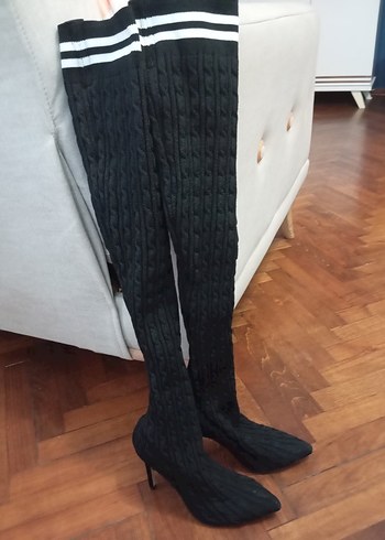 Gri Örgü Dizüstü Topuklu Kadın Çizme - Görsel 4