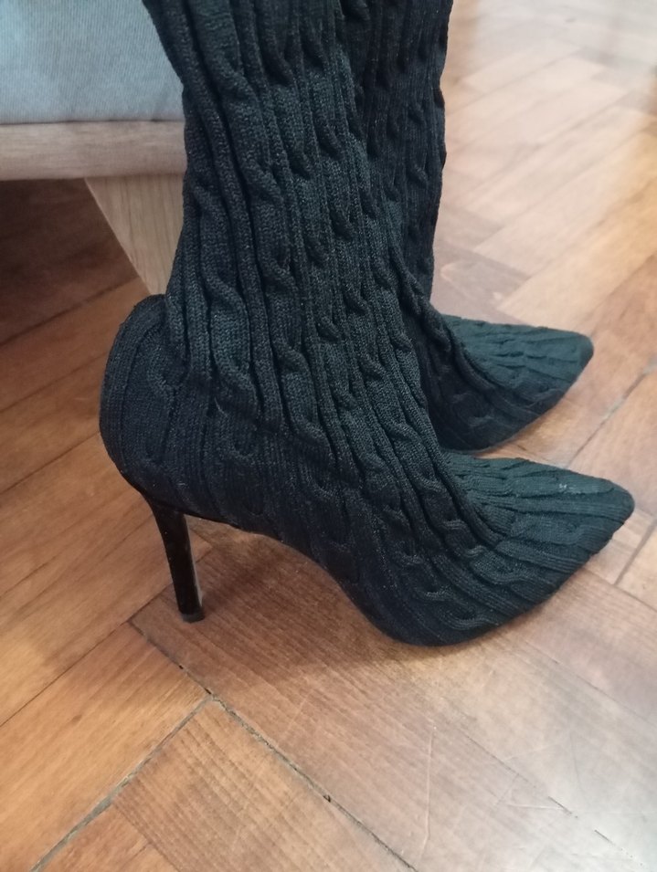 Gri Örgü Dizüstü Topuklu Kadın Çizme - Görsel 3