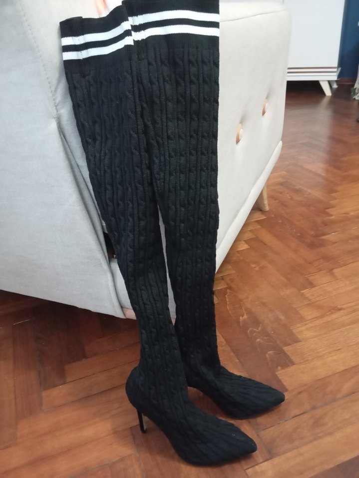 Gri Örgü Dizüstü Topuklu Kadın Çizme - Görsel 4