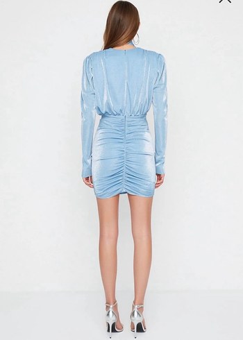 Mavi Drapeli Mini Elbise V Yaka - Görsel 3