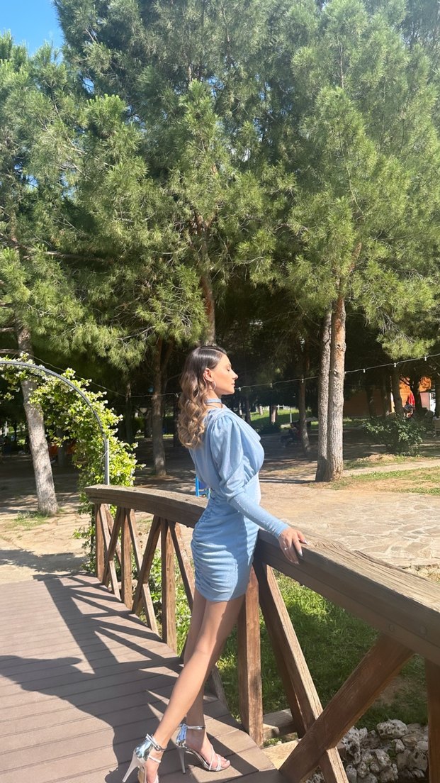 Mavi Drapeli Mini Elbise V Yaka - Görsel 4