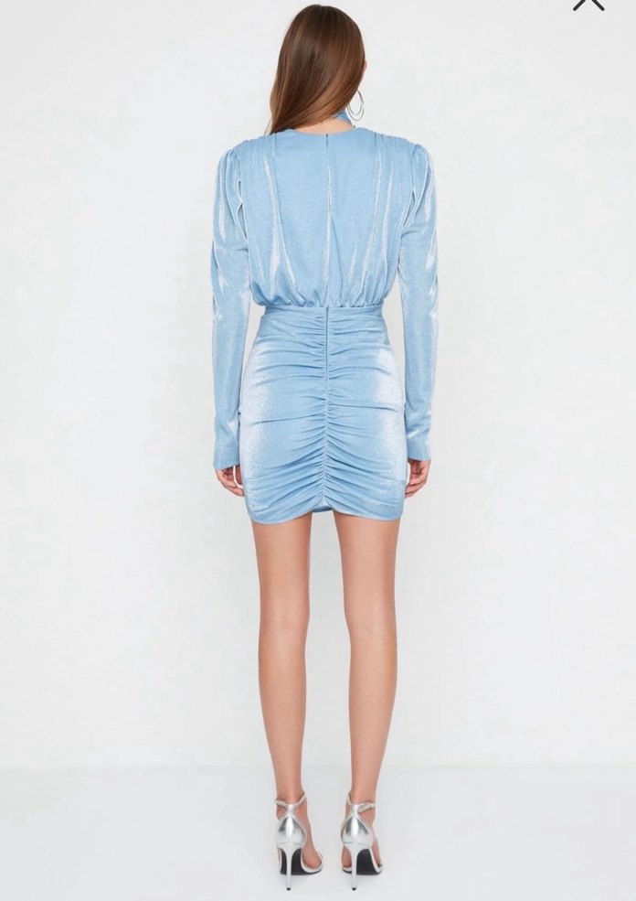 Mavi Drapeli Mini Elbise V Yaka - Görsel 3