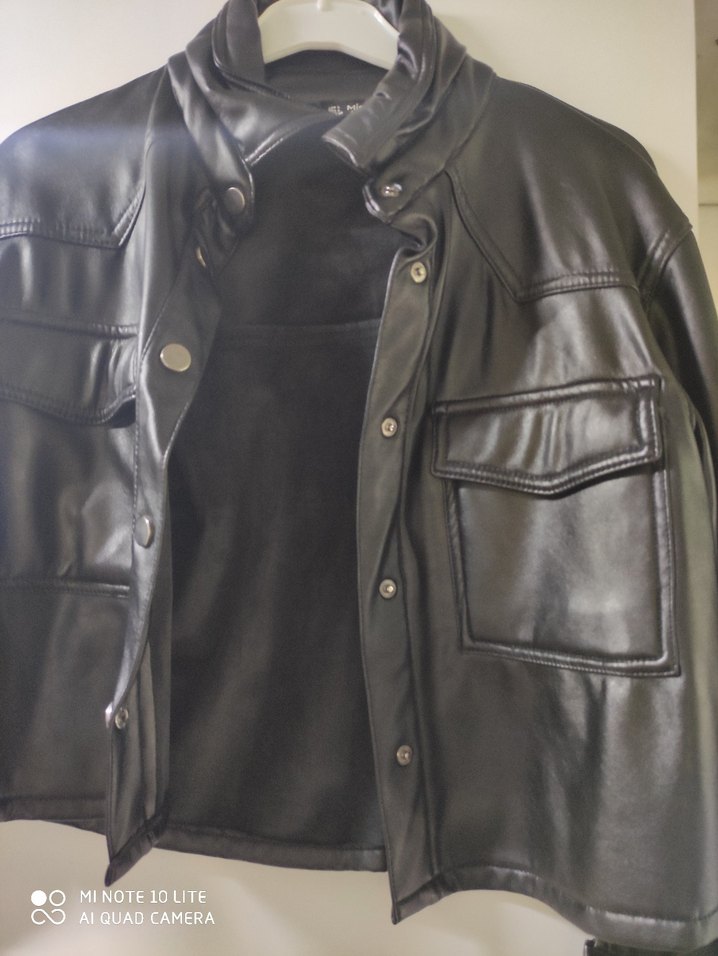 Düğmeli Siyah Deri Biker Ceket - Görsel 2