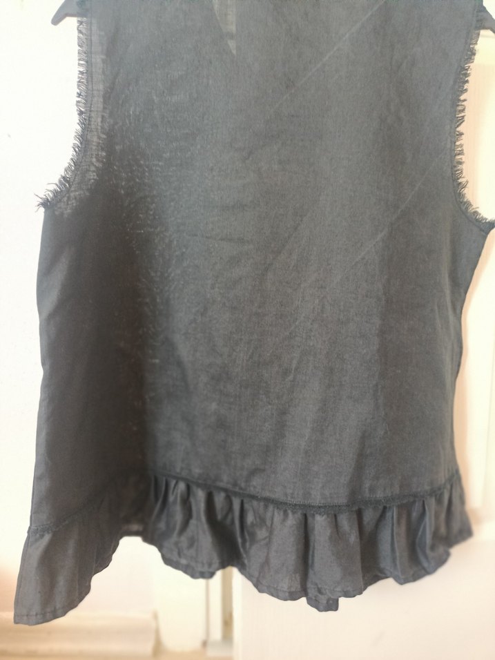 Düğmeli V Yaka Nakışlı Keten Siyah Bluz - Görsel 4