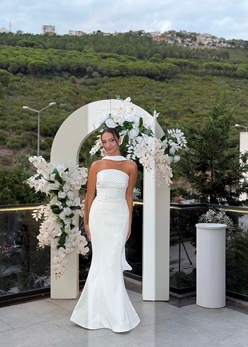 Modern Klasik Straplez Beyaz nişan nikah elbisesi - Görsel 5