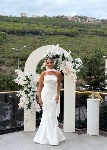 Modern Klasik Straplez Beyaz nişan nikah elbisesi - Görsel 4