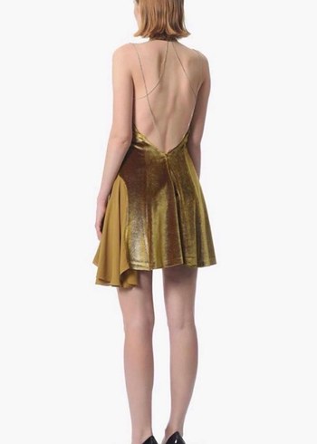 Parlak Altın Renkli Mini Askılı Pilili Elbise - Görsel 2
