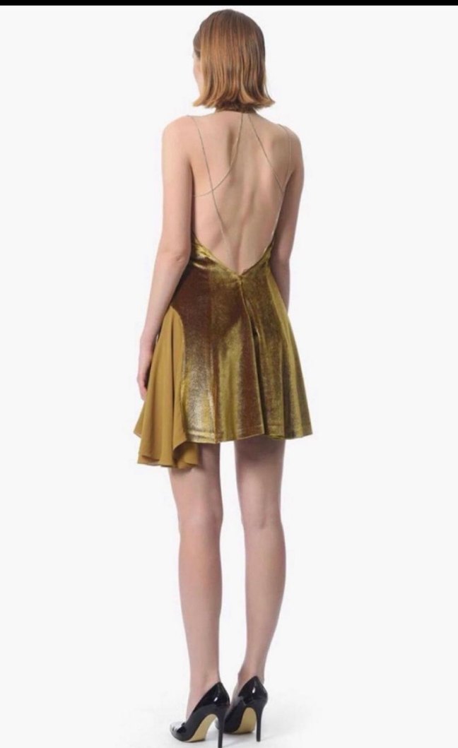 Parlak Altın Renkli Mini Askılı Pilili Elbise - Görsel 2