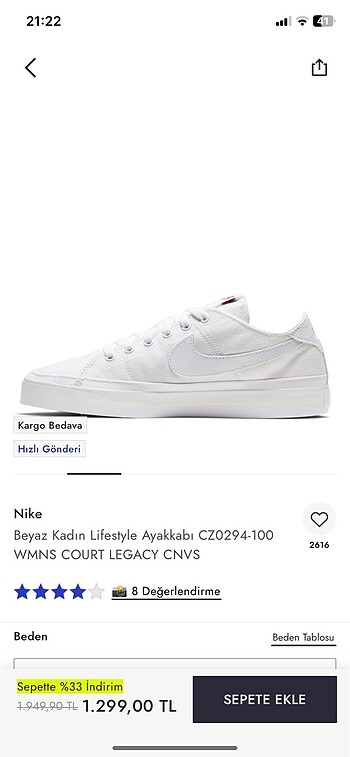 38,5 Beden beyaz Renk nike court legacy