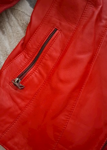 Kadın Kırmızı Deri Biker Ceket - Görsel 3