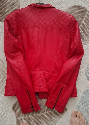 Kadın Kırmızı Deri Biker Ceket - Görsel 7