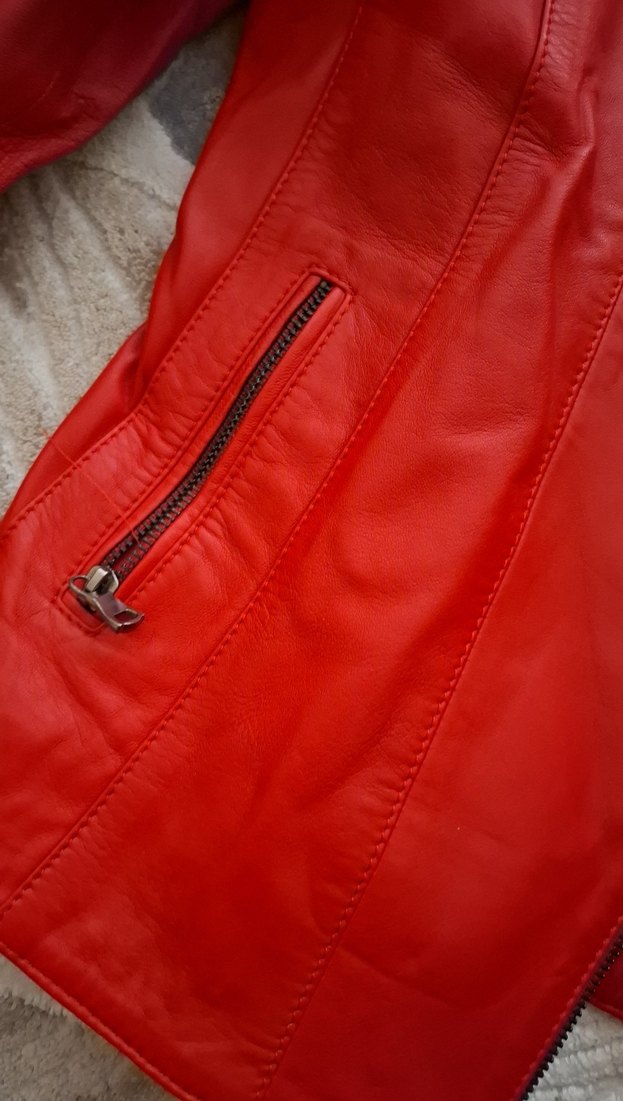 Kadın Kırmızı Deri Biker Ceket - Görsel 3