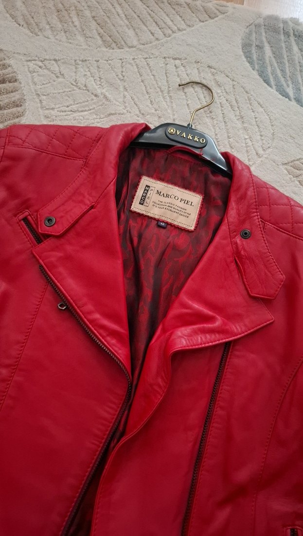 Kadın Kırmızı Deri Biker Ceket - Görsel 2