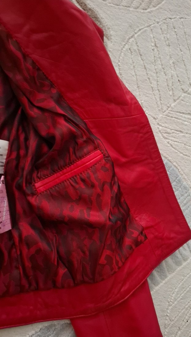 Kadın Kırmızı Deri Biker Ceket - Görsel 4