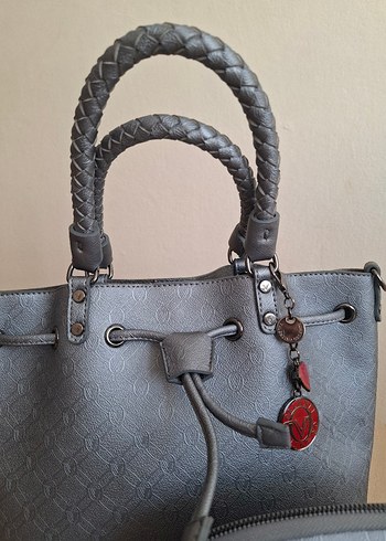 Gri Deri Kadın Çantası ve Makyaj Çantası - Görsel 2