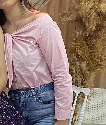 H&M Toz pembe önden bağlamalı gömlek
