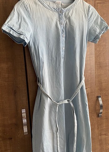 xs Beden mavi Renk Mavi Denim Kemerli Uzun Casual Elbise