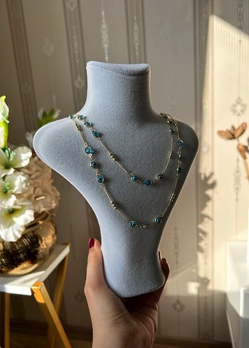 Uzun Turkuaz Boncuklu Minimalist Kolye - Görsel 2