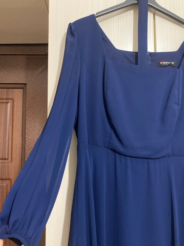 Lacivert V Yakalı Midi Kadın Elbise - Görsel 4