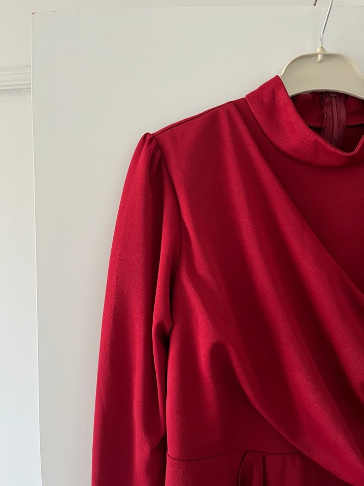 Bordo Uzun Drapeli Kadın Elbise - Görsel 2