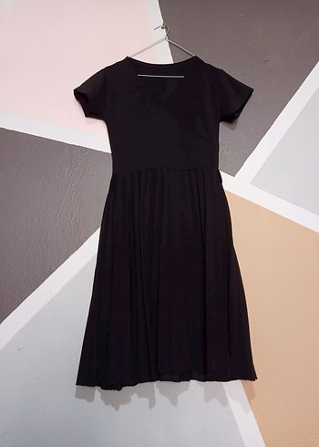 Siyah Midi Piliseli V Yaka Kadın Elbise - Görsel 5