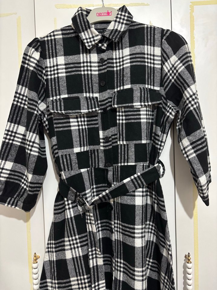 Kemerli Siyah Beyaz Ekose Uzun Elbise - Görsel 2