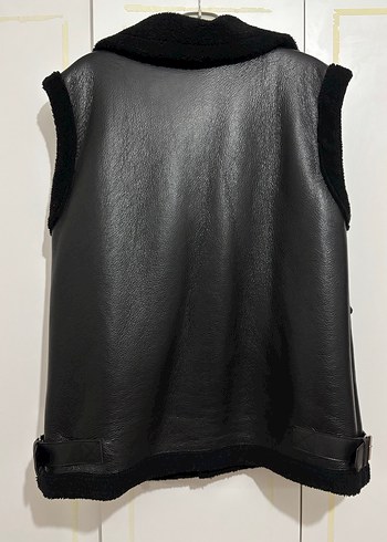 Kürklü Siyah Deri Kolsuz Biker Yelek - Görsel 3