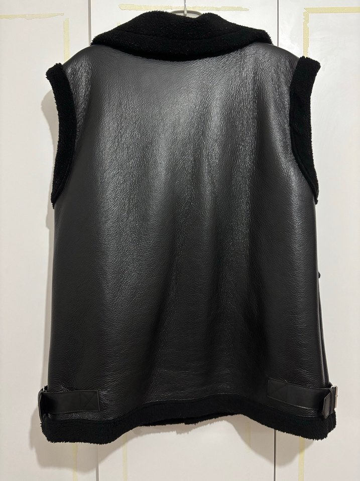 Kürklü Siyah Deri Kolsuz Biker Yelek - Görsel 3