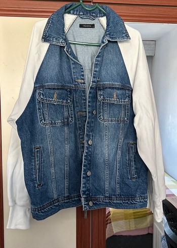 Kadın Denim Ceket, Düğmeli, Uzun Kollu, Mavi-Beyaz - Görsel 2