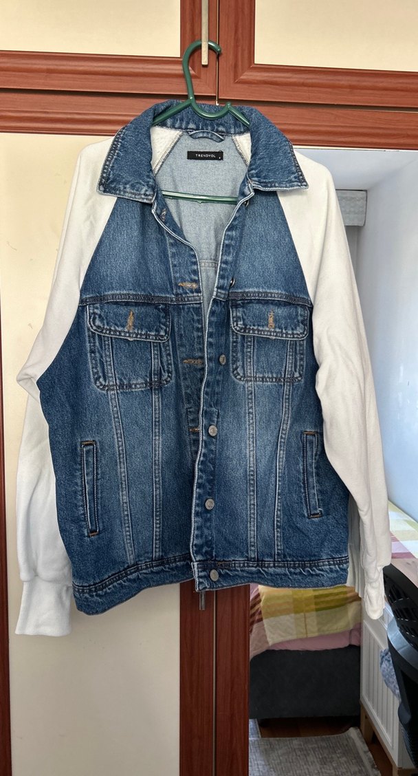 Kadın Denim Ceket, Düğmeli, Uzun Kollu, Mavi-Beyaz - Görsel 2