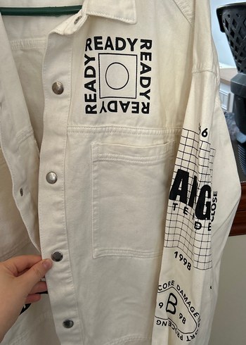 Düğmeli Beyaz Baskılı Pamuk Ceket - Görsel 2