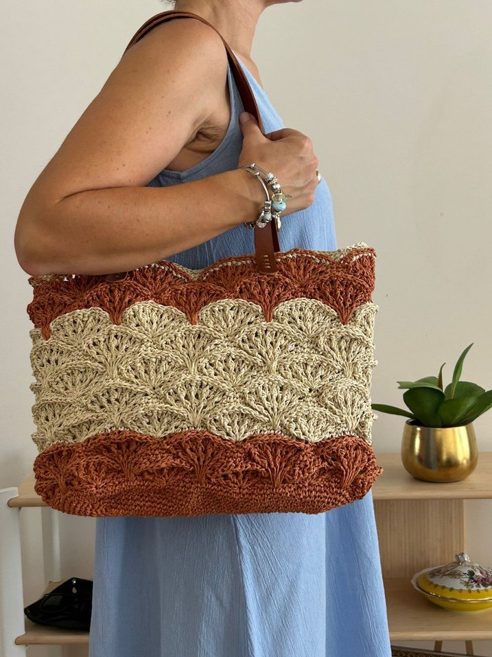 Deniz Kabuğu Çanta | Kağıt İp | Deri Sap - Görsel 2