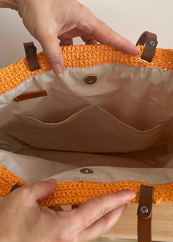 Turuncu Dönence-Kağıt İp Çanta-Deri Sap - Görsel 8