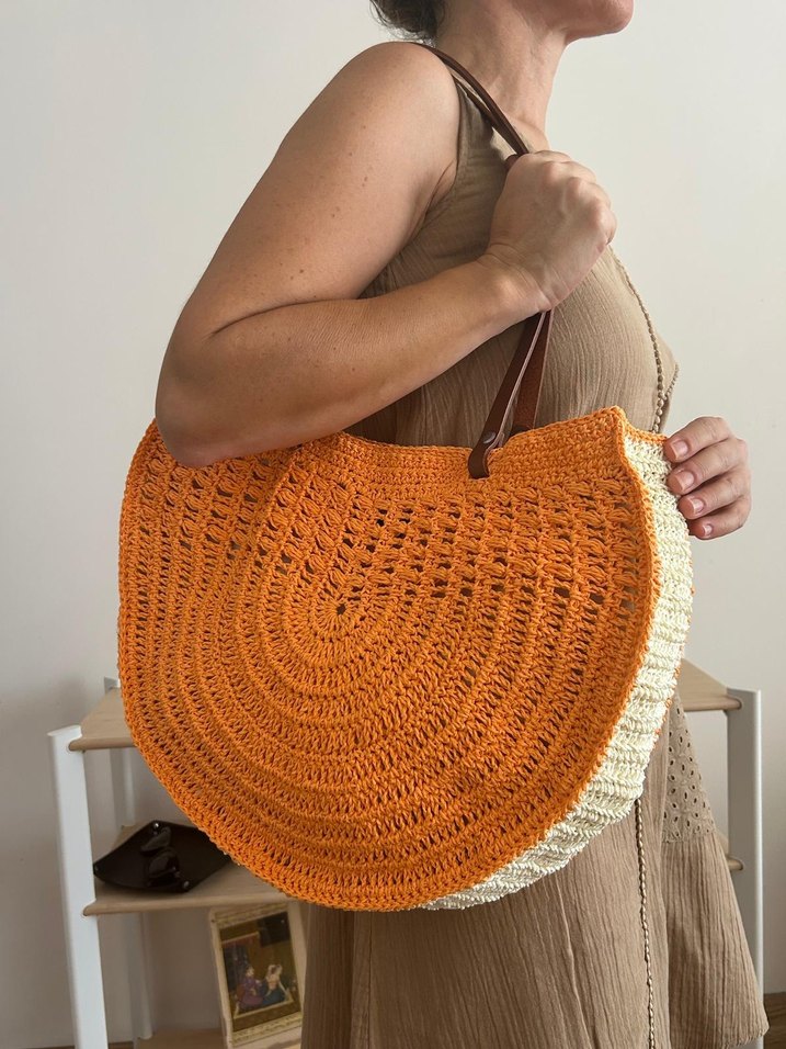 Turuncu Dönence-Kağıt İp Çanta-Deri Sap - Görsel 4