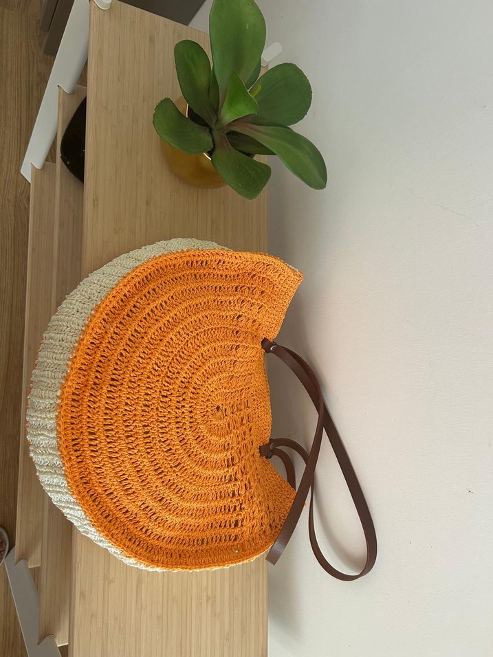 Turuncu Dönence-Kağıt İp Çanta-Deri Sap - Görsel 3