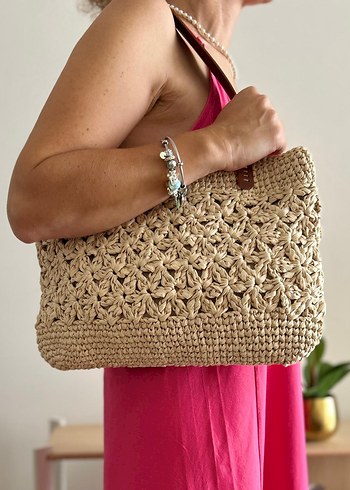 Çerçeveli Yıldız Rafya Çanta | Deri Sap - Görsel 3