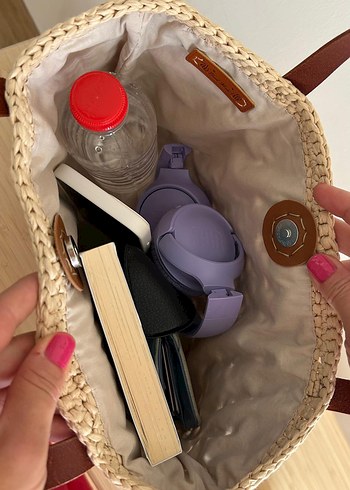 Çerçeveli Yıldız Rafya Çanta | Deri Sap - Görsel 8