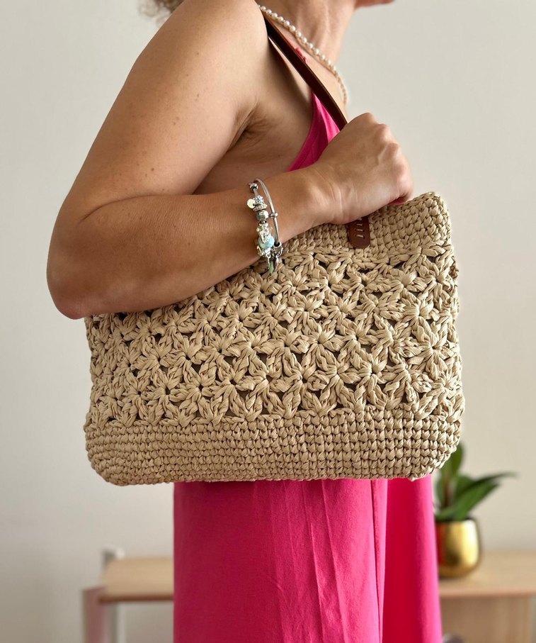 Çerçeveli Yıldız Rafya Çanta | Deri Sap - Görsel 3