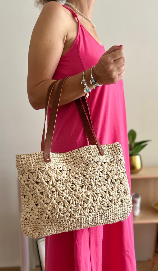 Çerçeveli Yıldız Rafya Çanta | Deri Sap - Görsel 4