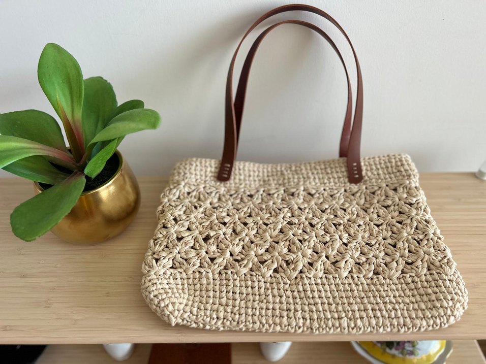 Çerçeveli Yıldız Rafya Çanta | Deri Sap - Görsel 2